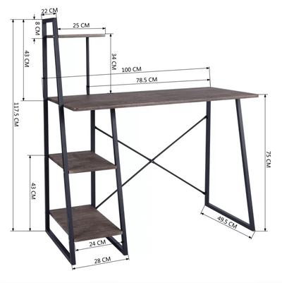 POUCHU - Computer desk for the home office - Workstation with 4 levels shelves - Dark oak