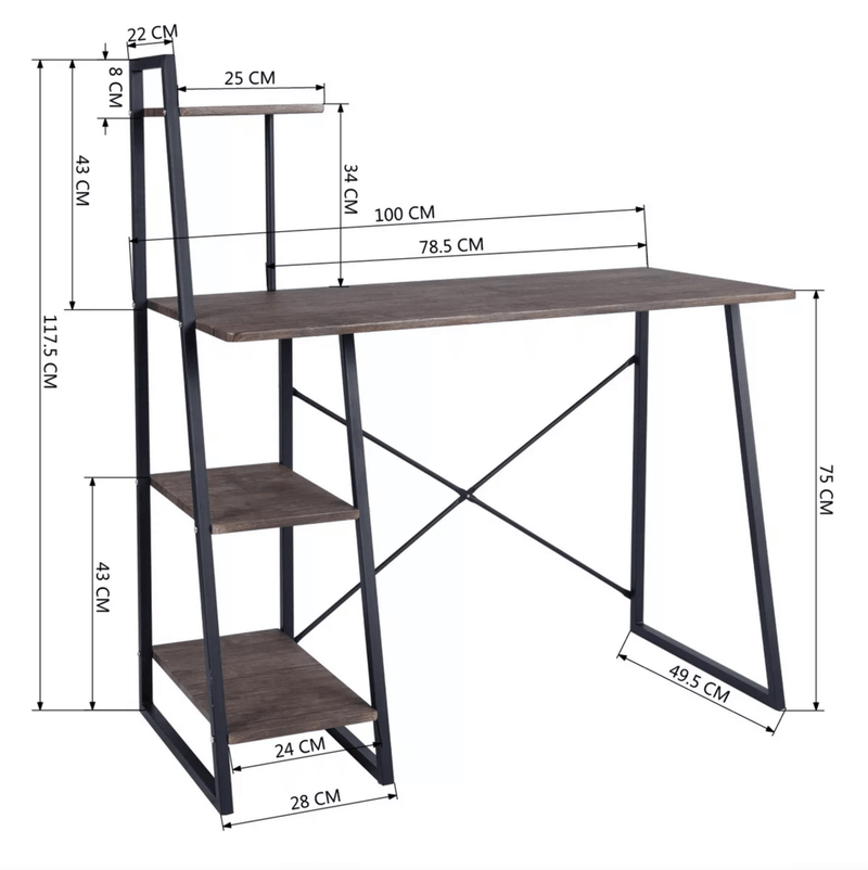 POUCHU - Computer desk for the home office - Workstation with 4 levels shelves - Dark oak