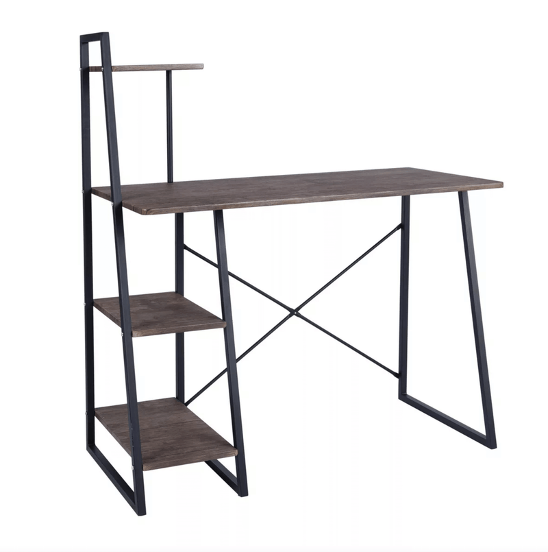 POUCHU - Computer desk for the home office - Workstation with 4 levels shelves - Dark oak