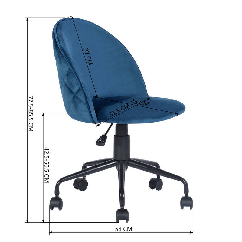 ROMBA BLUE - Office chair with wheels in blue velvet and quilted details