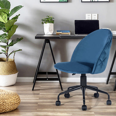 ROMBA BLUE - Office chair with wheels in blue velvet and quilted details