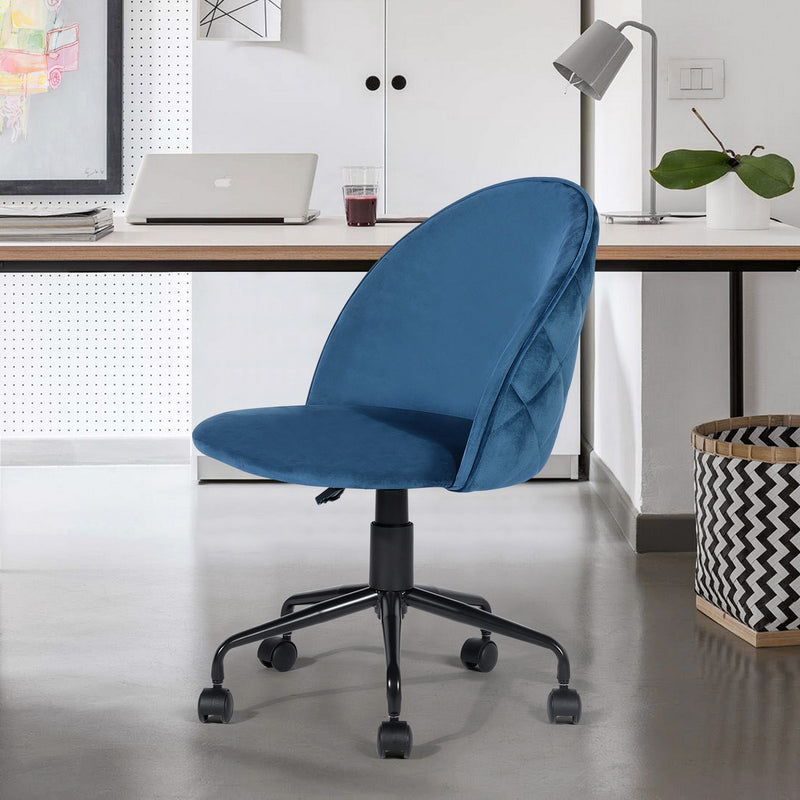 ROMBA BLUE - Office chair with wheels in blue velvet and quilted details