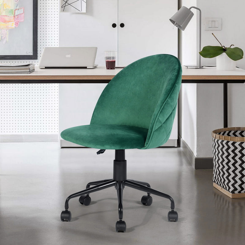 ROMBA GREEN - Office chair with wheels in green velvet and quilted details