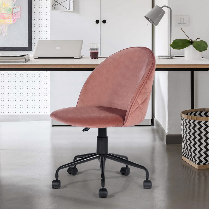 ROMBA PINK - Office chair with wheels in pink velvet and quilted details